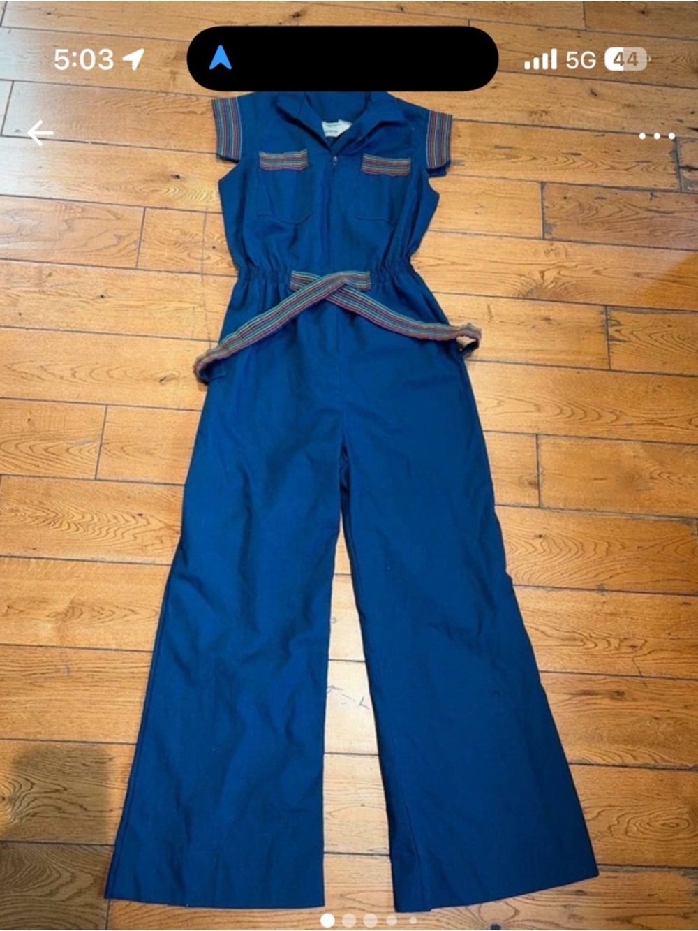 JCPenney vintage Women's Blue Short-Sleeve Jumpsuit with Striped Trim